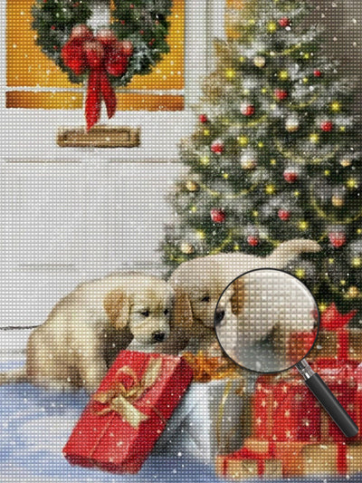 Geschenke und Hunde neben dem Weihnachtsbaum Diamond Painting