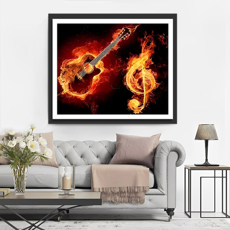 Gitarre und Musiksymbol mit Flammen Diamond Painting