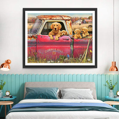 Golden Retriever im alten Truck Diamond Painting