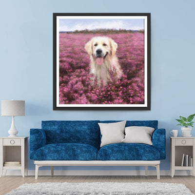 Golden Retriever in rosa Blumen Diamond Painting