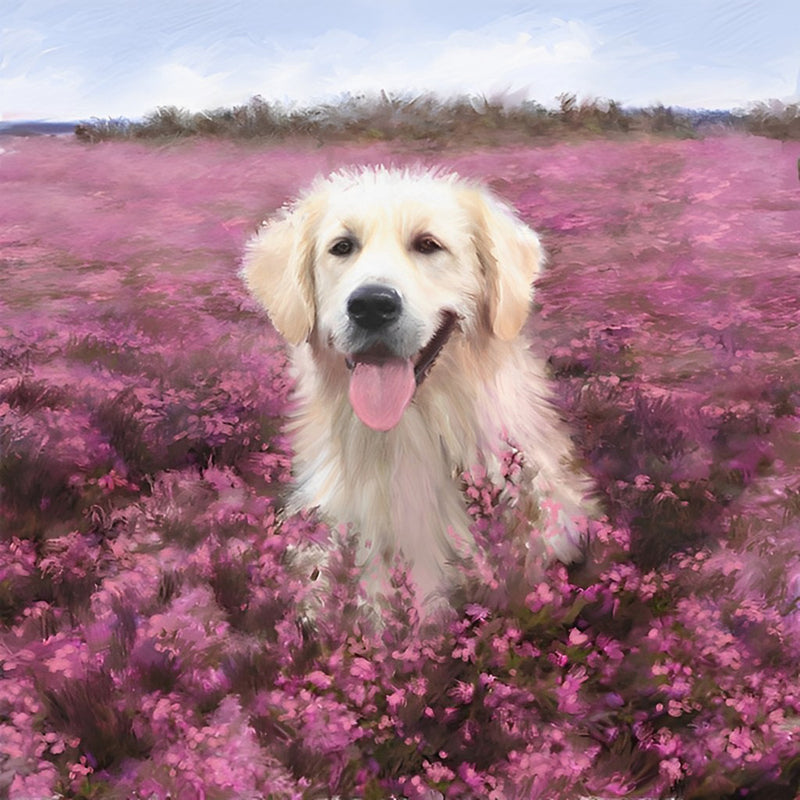 Golden Retriever in rosa Blumen Diamond Painting