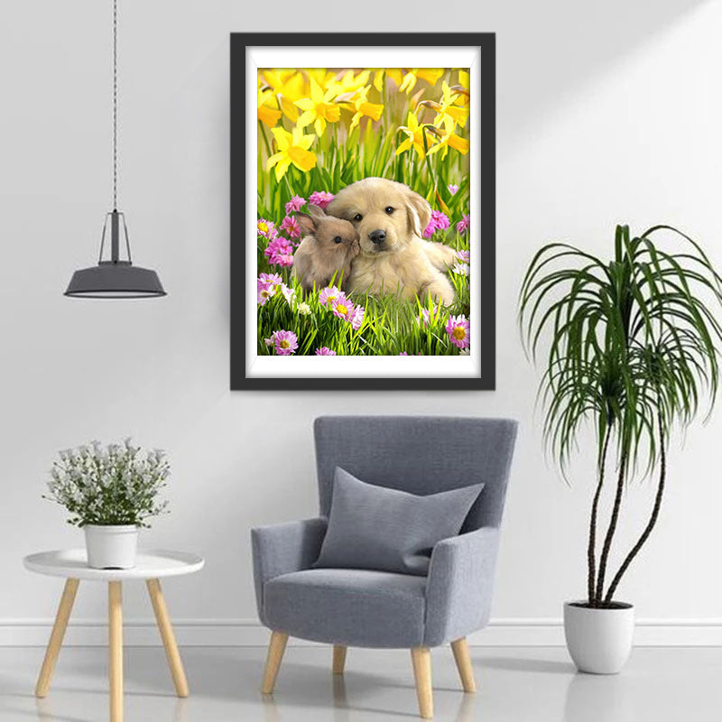 Golden Retriever und Kaninchen in den gelben Blumen Diamond Painting