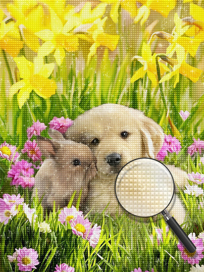 Golden Retriever und Kaninchen in den gelben Blumen Diamond Painting