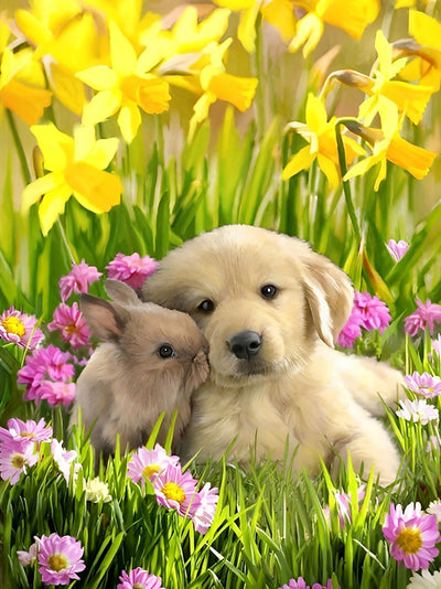 Golden Retriever und Kaninchen in den gelben Blumen Diamond Painting