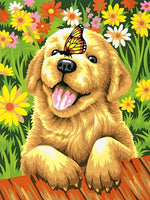 Golden Retriever und Schmetterling in den Blumen Diamond Painting