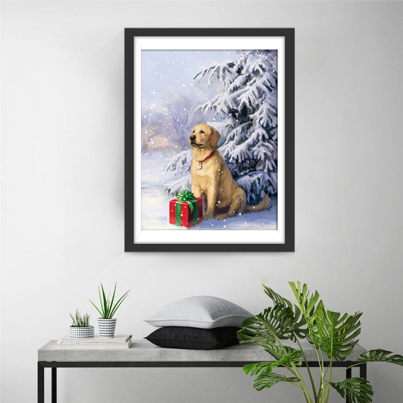 Golden Retriever und Weihnachtsgeschenk im Schnee Diamond Painting