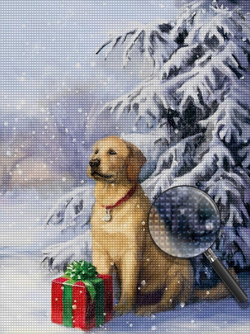 Golden Retriever und Weihnachtsgeschenk im Schnee Diamond Painting