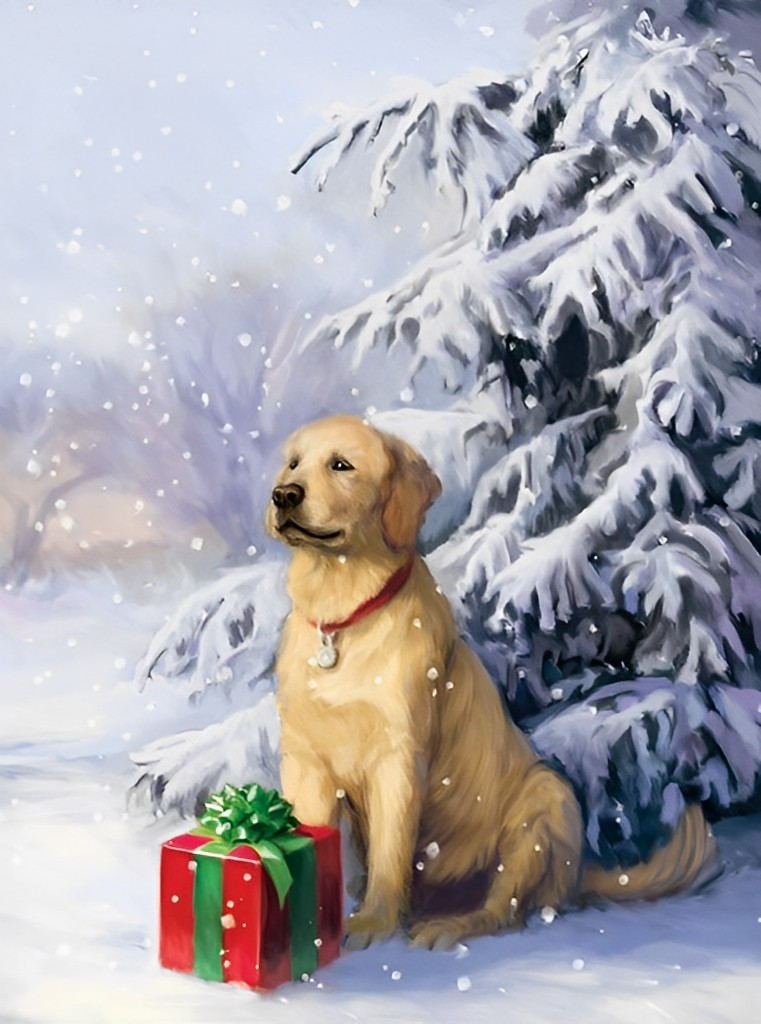 Golden Retriever und Weihnachtsgeschenk im Schnee Diamond Painting