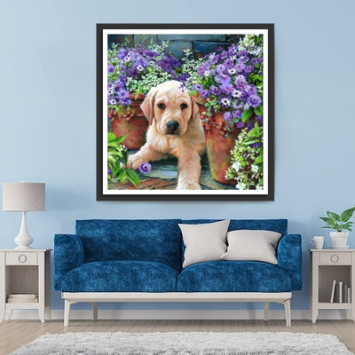 Goldener Retriever in lila Blumen Diamond Painting