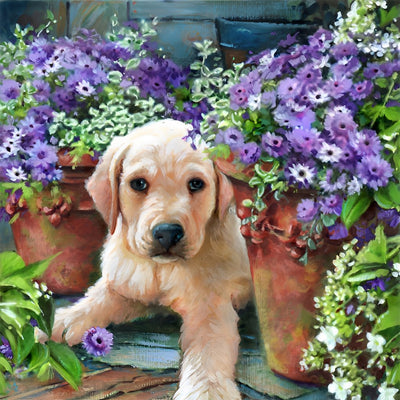 Goldener Retriever in lila Blumen Diamond Painting