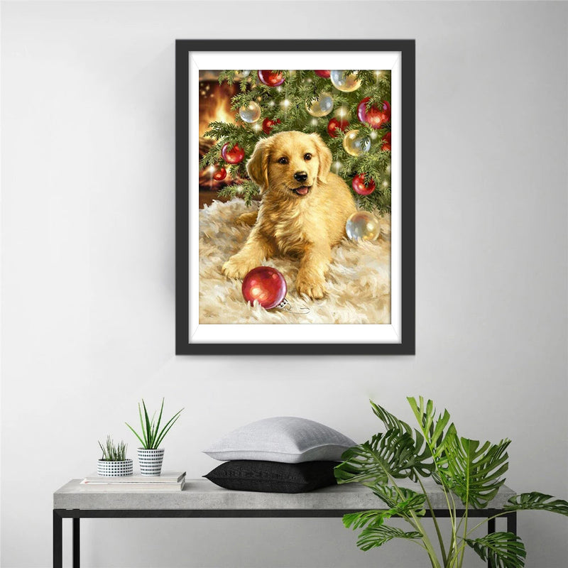 Goldener Retriever unter dem Weihnachtsbaum Diamond Painting