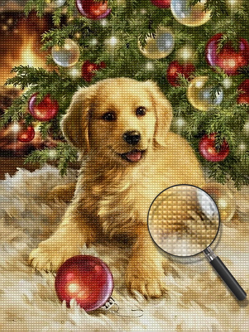 Goldener Retriever unter dem Weihnachtsbaum Diamond Painting