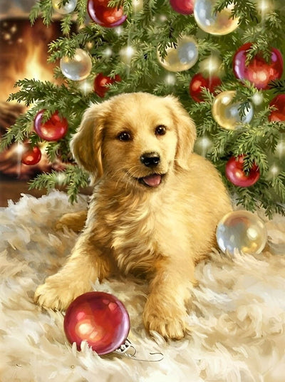 Goldener Retriever unter dem Weihnachtsbaum Diamond Painting