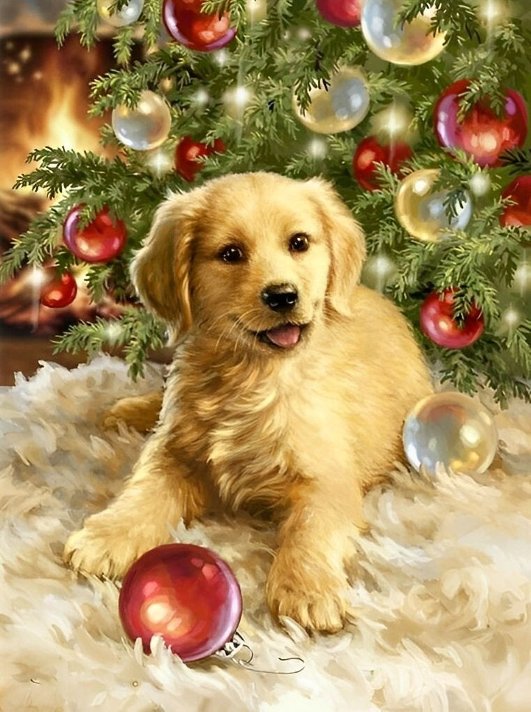 Goldener Retriever unter dem Weihnachtsbaum Diamond Painting