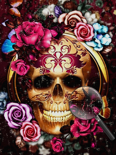 Goldener Totenkopf und Rosen Diamond Painting