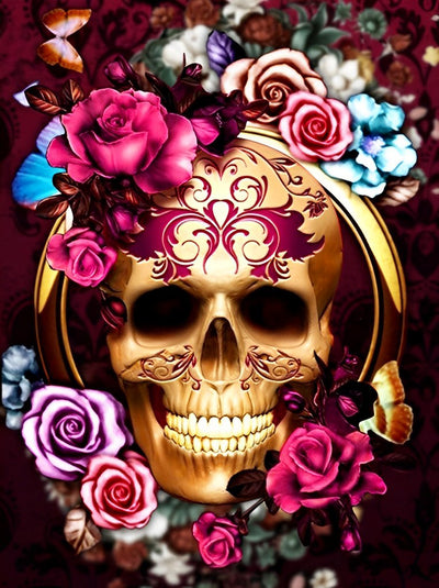 Goldener Totenkopf und Rosen Diamond Painting