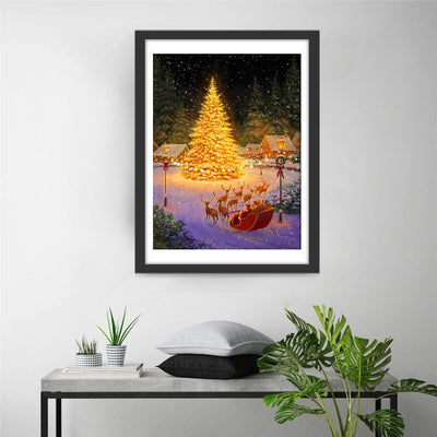 Goldener Weihnachtsbaum im Dorf Diamond Painting