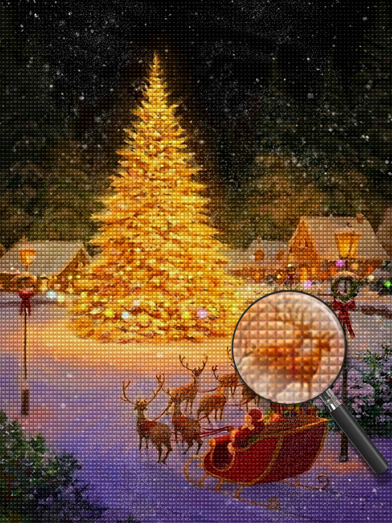 Goldener Weihnachtsbaum im Dorf Diamond Painting