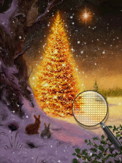 Goldener Weihnachtsbaum und Kaninchen Diamond Painting