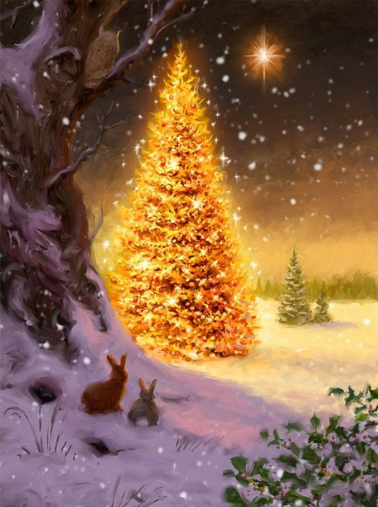 Goldener Weihnachtsbaum und Kaninchen Diamond Painting