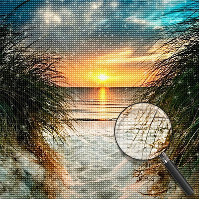 Gras am Sandstrand und Sonnenaufgang Diamond Painting