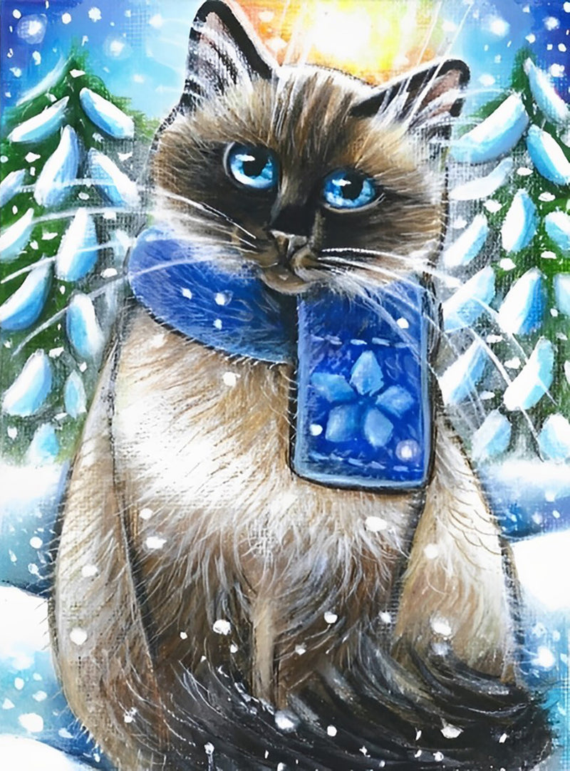 Graue Katze im Schnee Diamond Painting