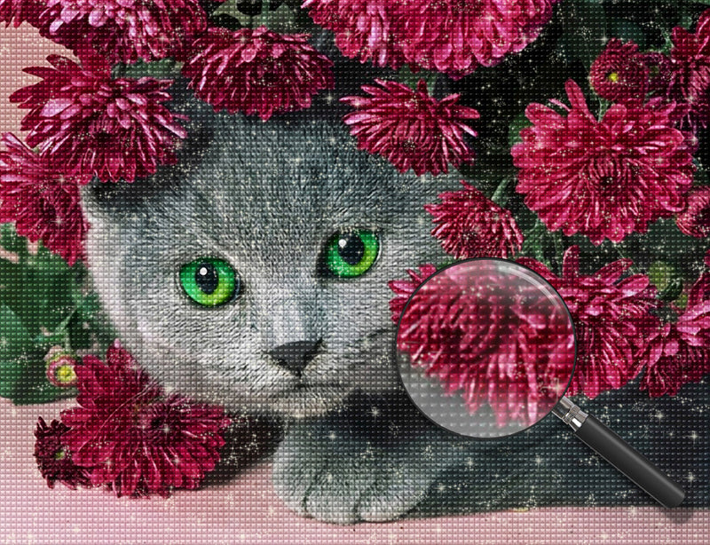 Graue Katze und rote Chrysantheme Diamond Painting