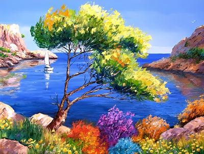 Grüner Baum am Meer Diamond Painting