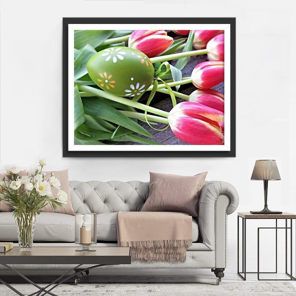 Grünes Osterei und rosa Tulpen Diamond Painting