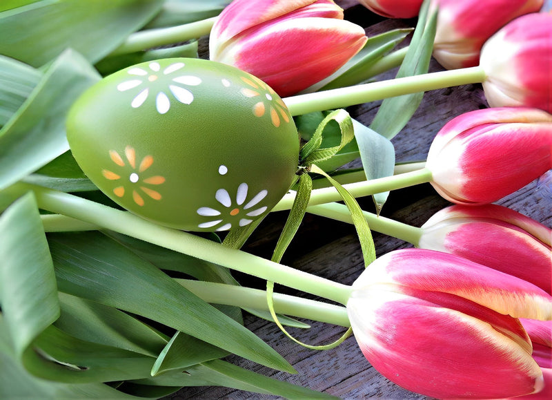 Grünes Osterei und rosa Tulpen Diamond Painting