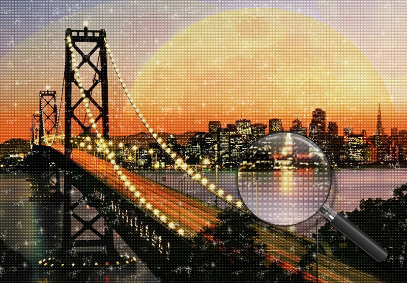 Hängebrücke, Stadt und Vollmond Diamond Painting