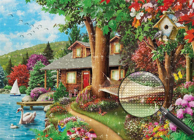 Hängematte, Holzhütte und Frühlingslandschaft Diamond Painting