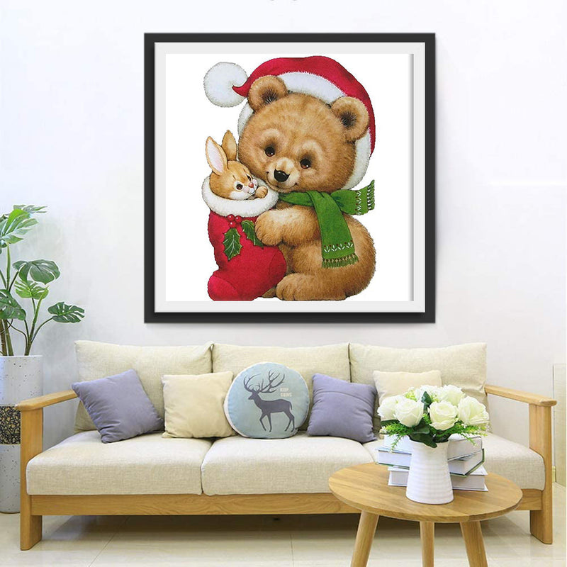 Häschen im weihnachtlichen Strumpf und Teddybär Diamond Painting