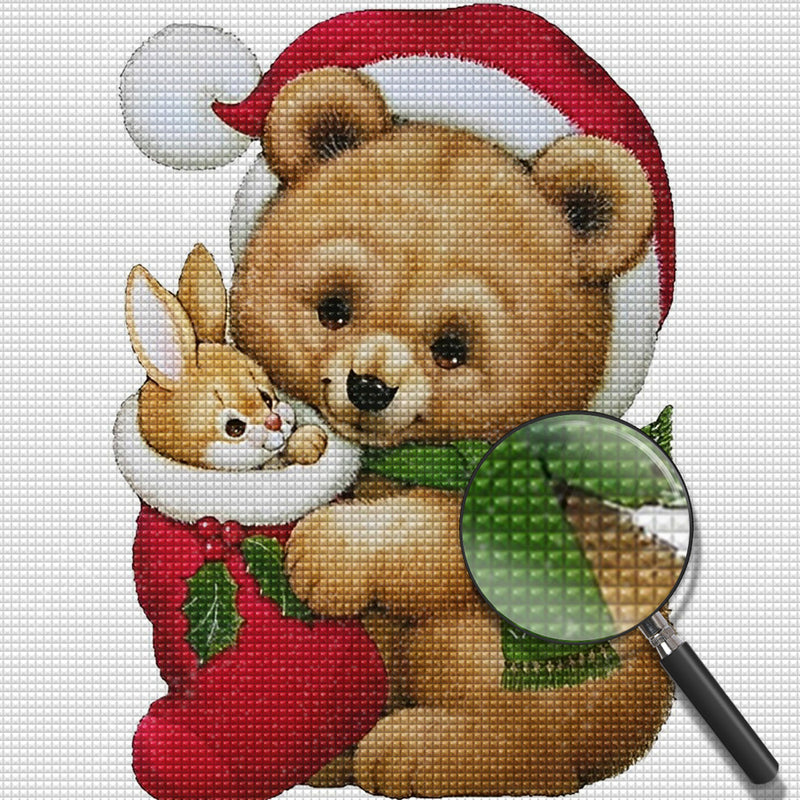 Häschen im weihnachtlichen Strumpf und Teddybär Diamond Painting