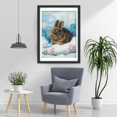 Hase und rosa Blumen im Schnee Diamond Painting