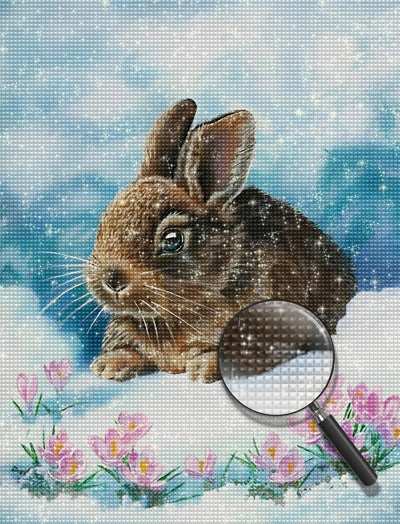 Hase und rosa Blumen im Schnee Diamond Painting