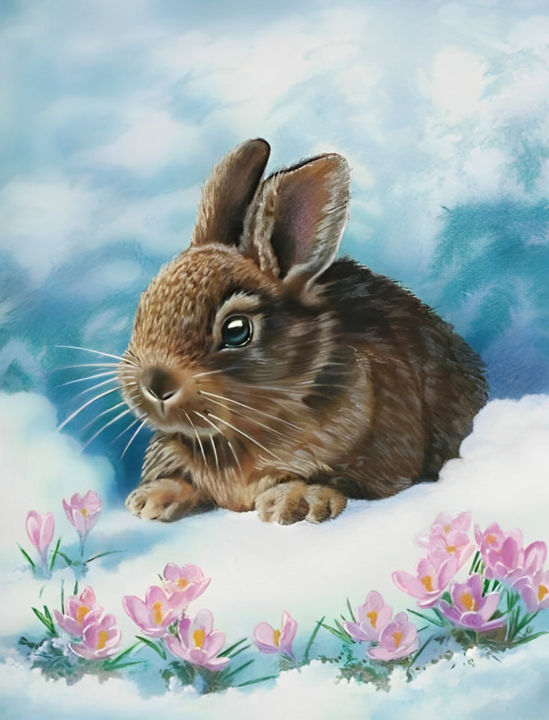 Hase und rosa Blumen im Schnee Diamond Painting