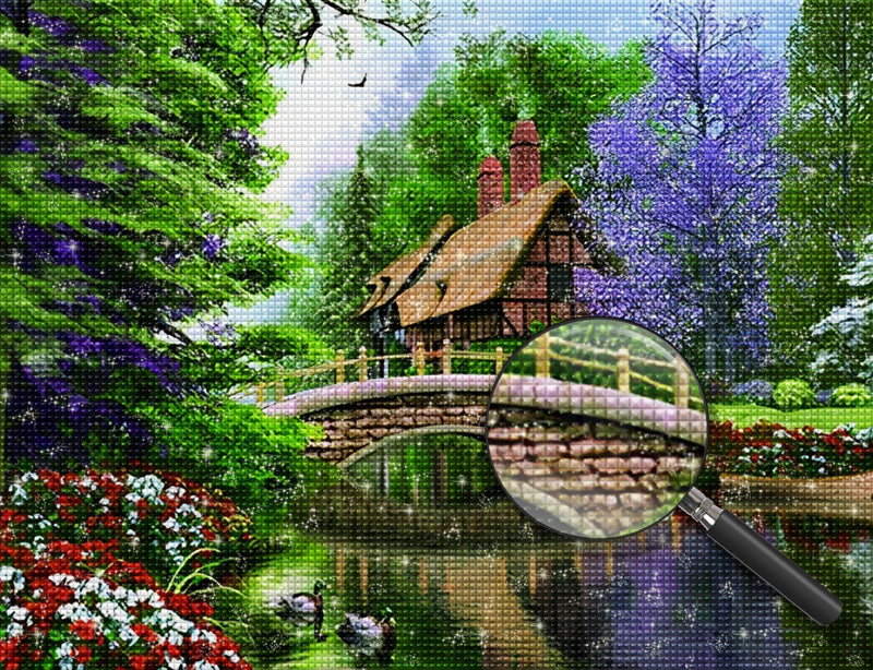 Haus, Fluss und Brücke im Wald Diamond Painting