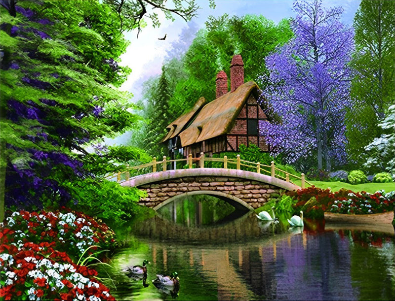 Haus, Fluss und Brücke im Wald Diamond Painting