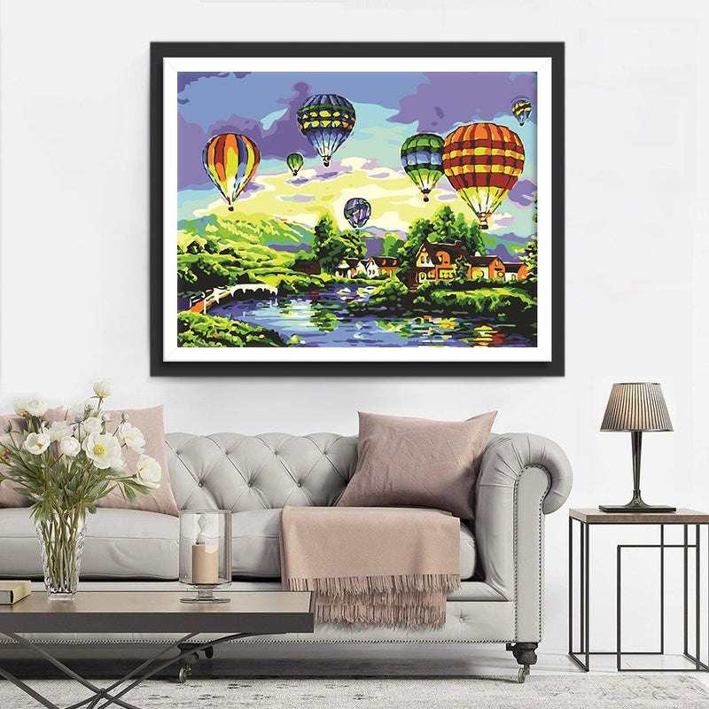 Heißluftballons über dem Dorf Diamond Painting