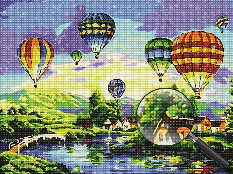 Heißluftballons über dem Dorf Diamond Painting