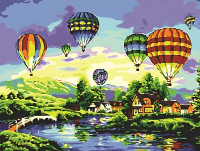 Heißluftballons über dem Dorf Diamond Painting