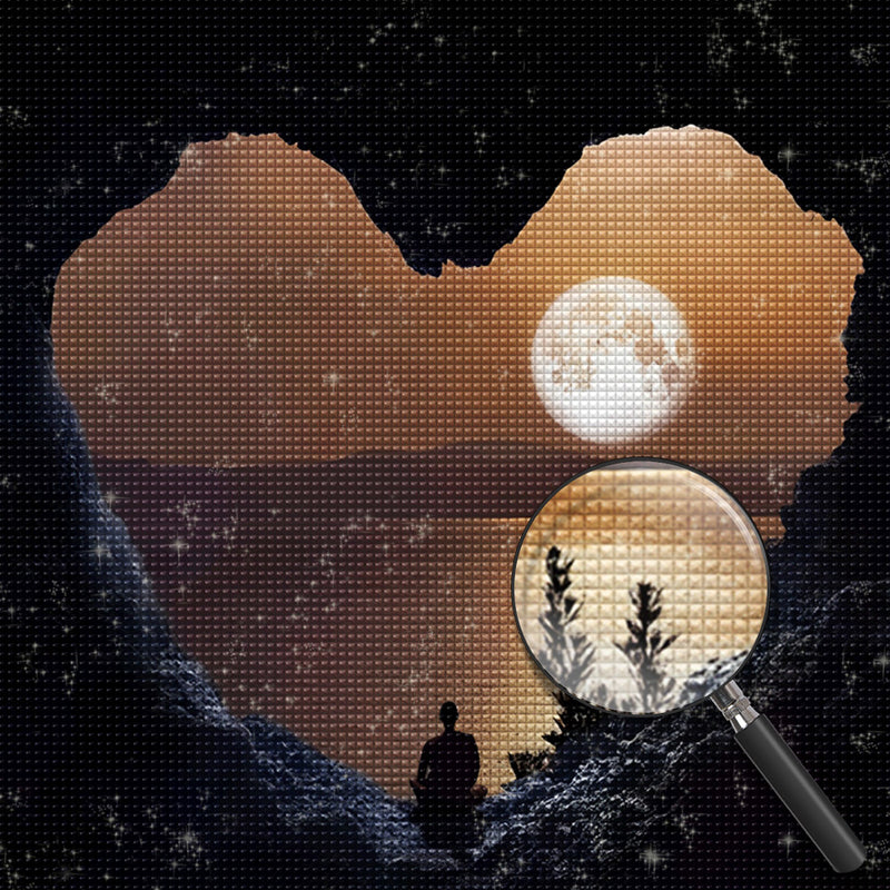 Herzförmiger Berg und Vollmond Diamond Painting