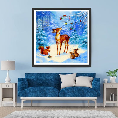 Hirsch, Eichhörnchen und Kaninchen im Schnee Diamond Painting