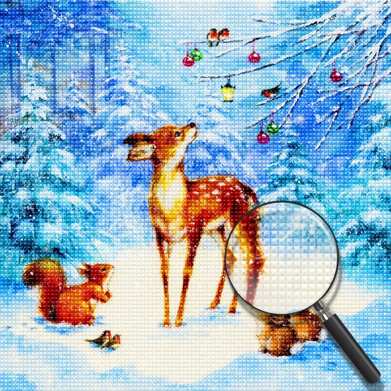 Hirsch, Eichhörnchen und Kaninchen im Schnee Diamond Painting