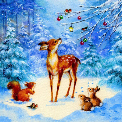 Hirsch, Eichhörnchen und Kaninchen im Schnee Diamond Painting