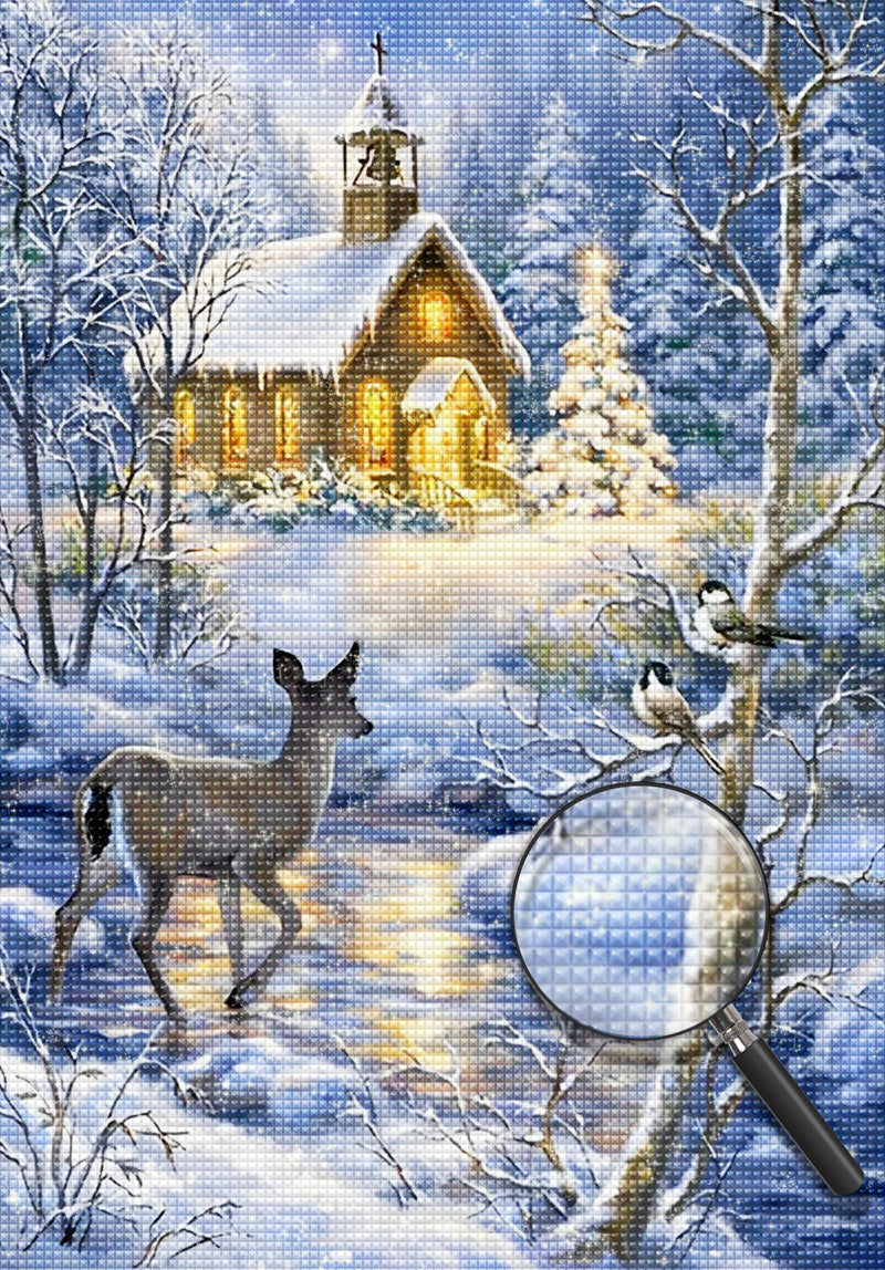 Hirsch in der Nähe des Schneehauses Diamond Painting