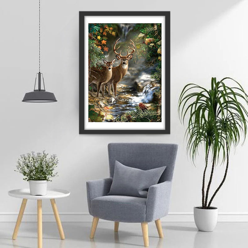 Hirsche am Fluss im Wald Diamond Painting