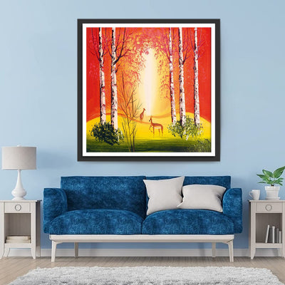 Hirsche im roten Wald Diamond Painting