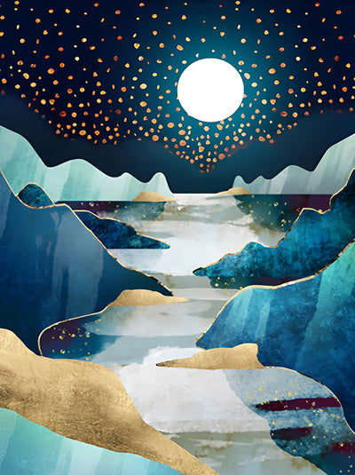 Hochgebirge, Fluss und Vollmond Diamond Painting